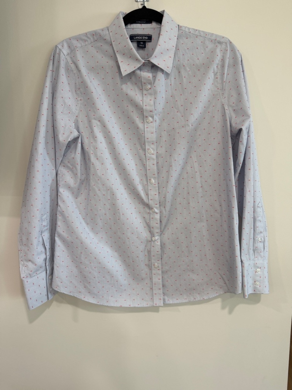 Lands' End Light Blue Women’s Button-Down Shirt with Red Microdots